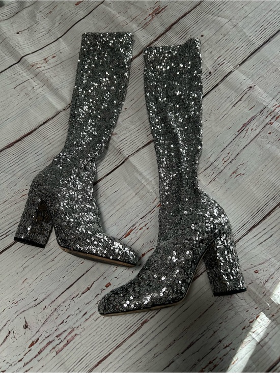 Dolce & Gabbana Shoes - Dolce & Gabbana Silver Sequin Knee-High Block Heel Sock Boots Sz 37